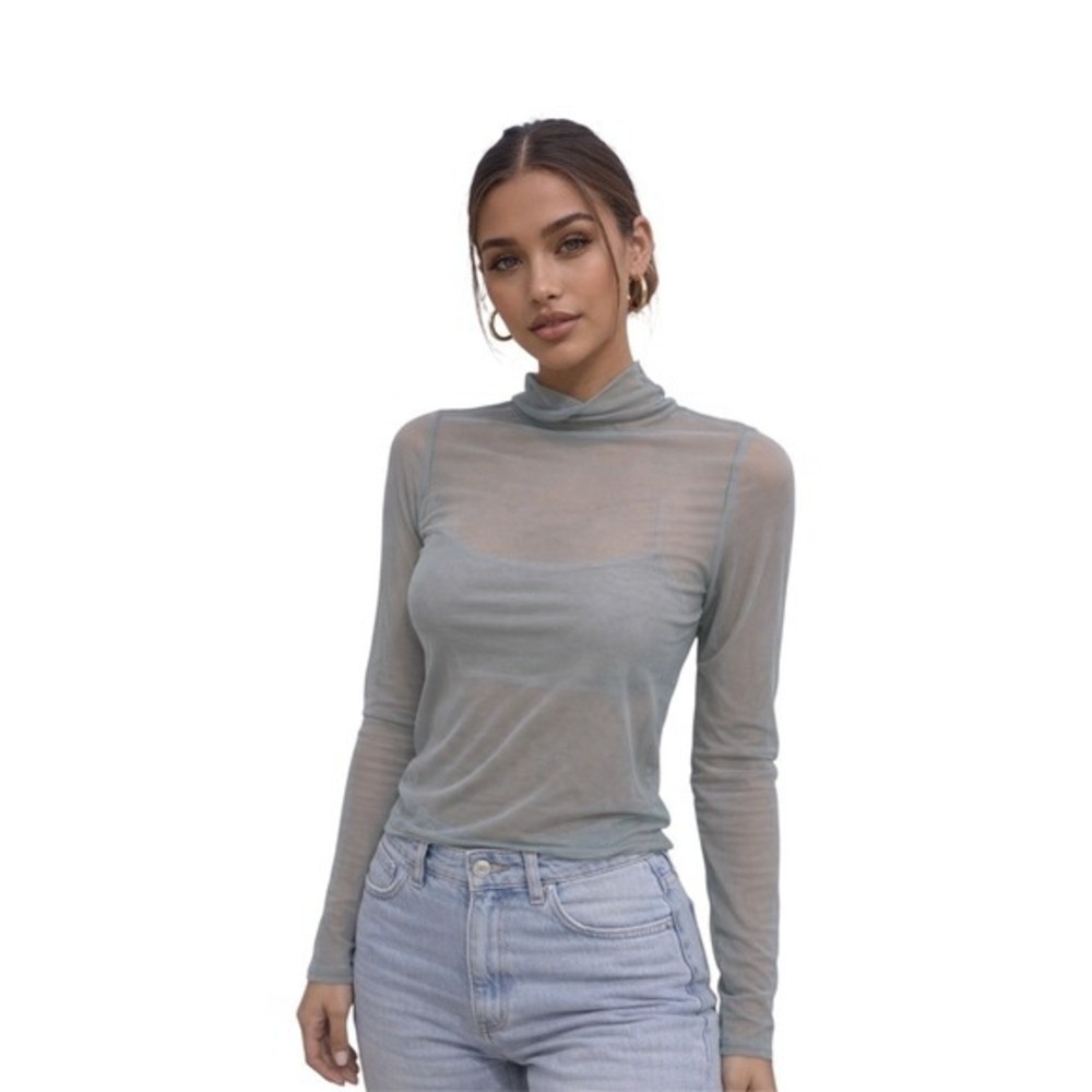 Calia Draped Funnel Long Sleeve Top Smoked Turquoise Mesh Mock Neck Coachella S